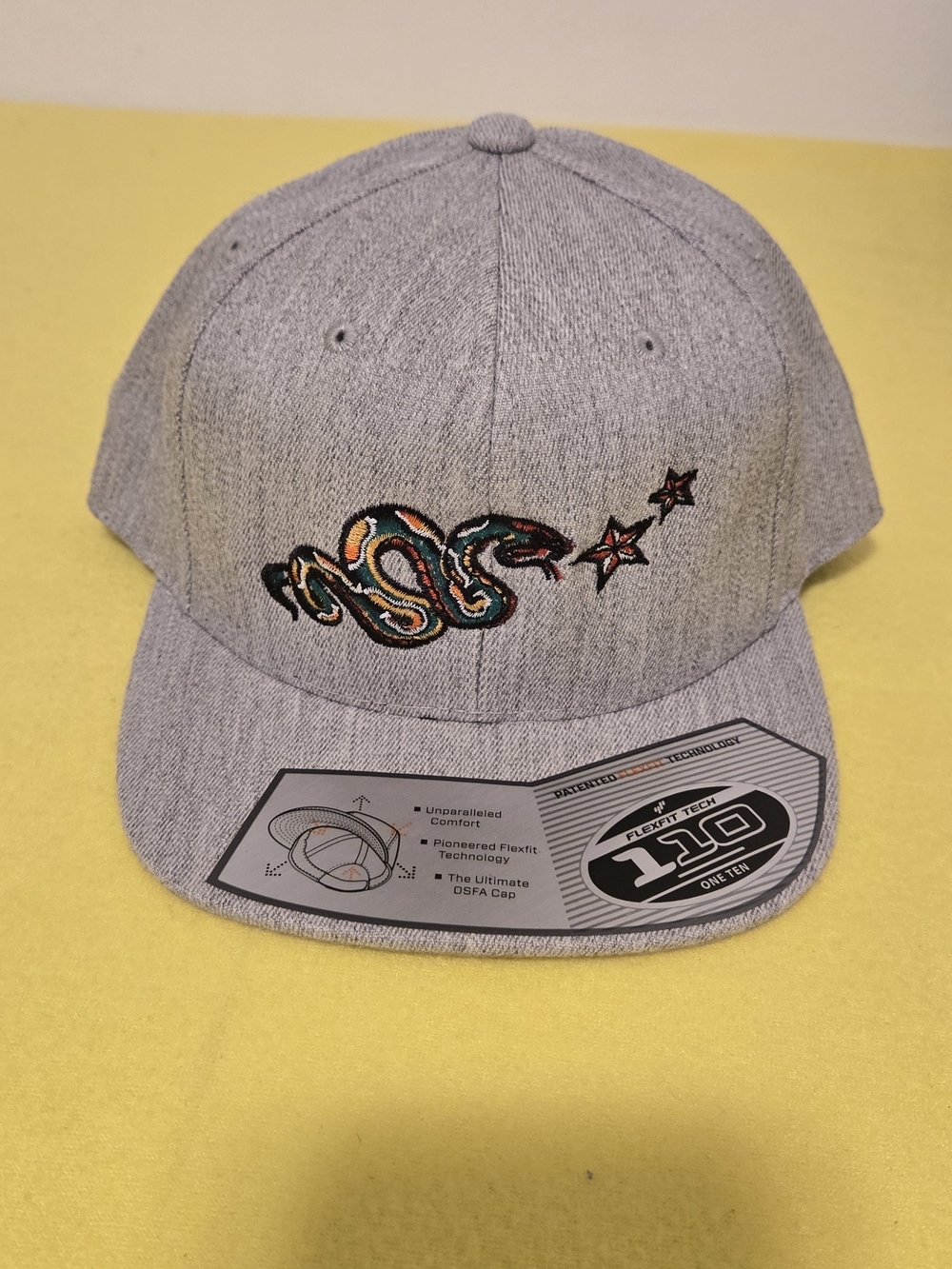 Gray Snapback Hat with Embroidered Snake and Stars